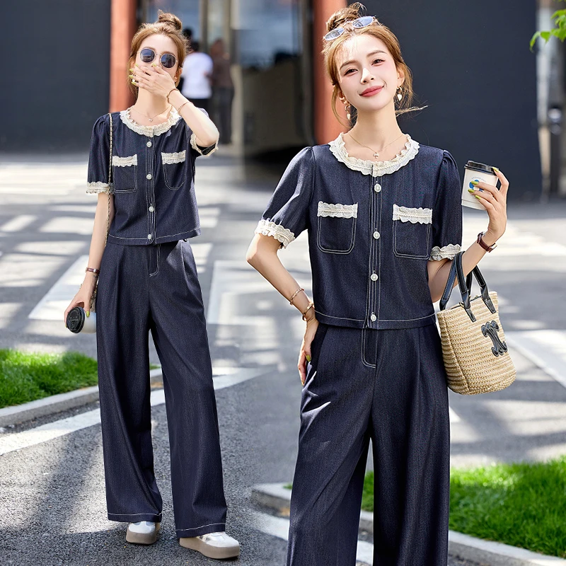 高级感天丝牛仔套装女2025年新款花边拼接上衣阔腿裤两件套装裤潮