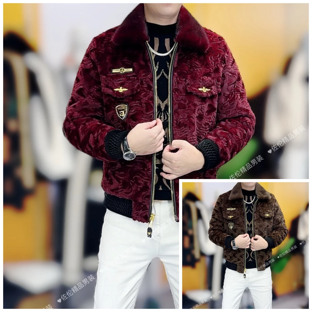 8938冬季新款轻奢休闲纯色翻领拉链加棉保绒男士外套