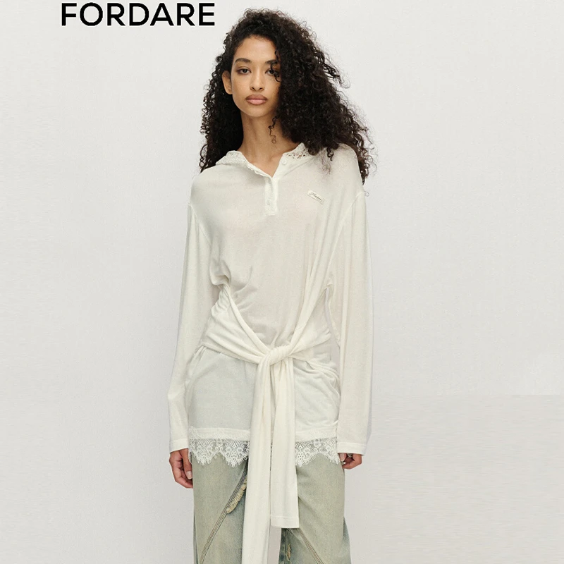 FORDARE/福蝶25春夏解构拼接花边长上衣时尚设计感女