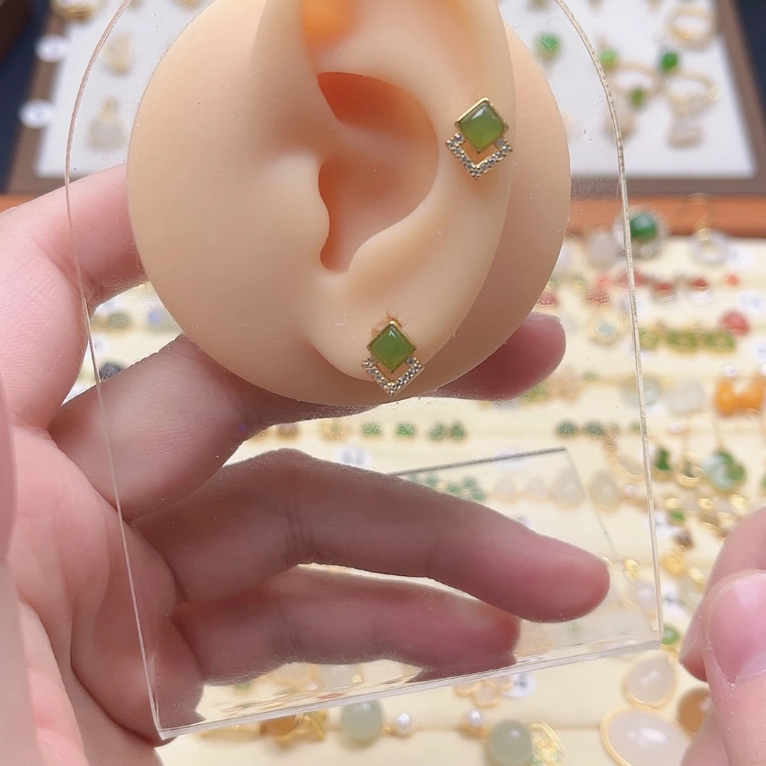 和田玉银S925镶嵌耳饰