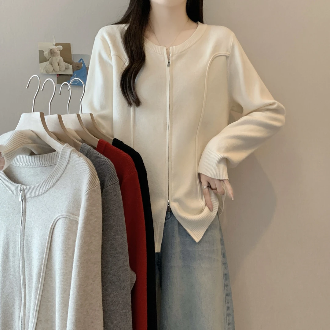 4384大码女装2025秋冬装新款宽松圆领针织衫胖mm加厚拉链毛衣外套