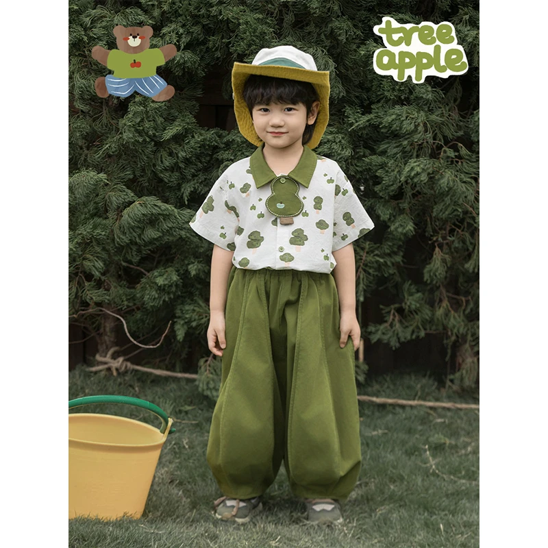 YOEHYAUL/幼悠夏三波【爱吃苹果】男童原创苹果熊系列衬衫 N5941