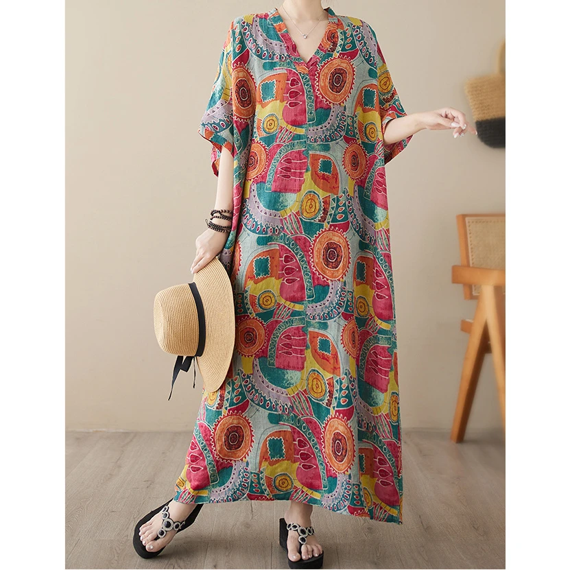 外贸大码女装长裙复古遮肉显瘦连衣裙胖mm棉麻宽松度假风沙滩裙潮