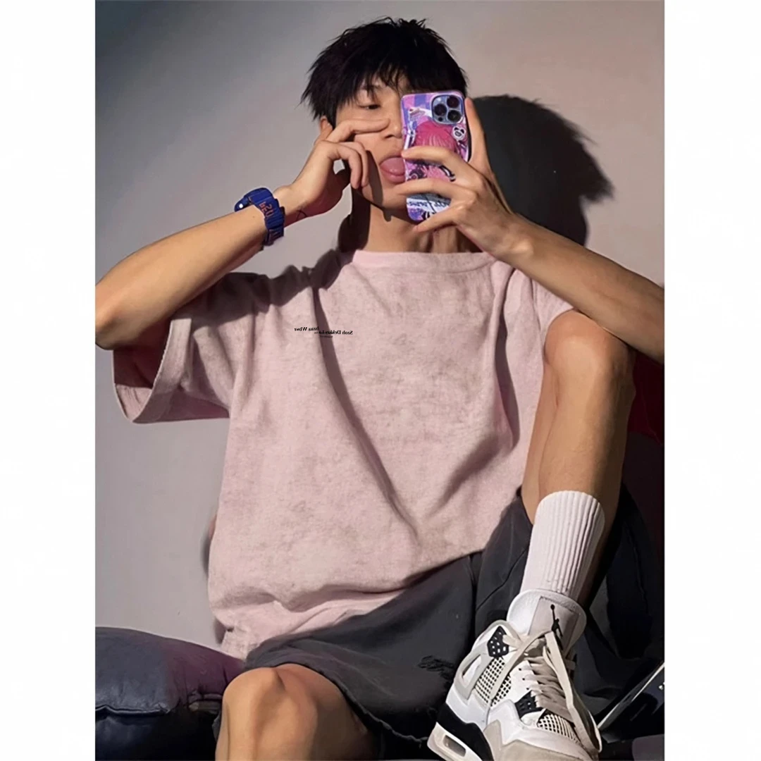 100%纯棉美式个性水洗扎染短袖T恤男夏季简约字母印花情侣款上衣