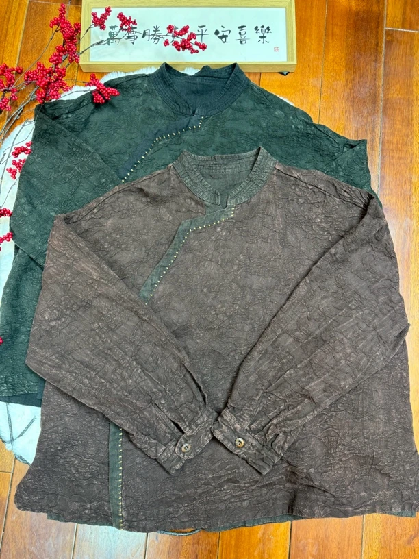 【淇淇推荐】亚麻提花手工缝线上衣