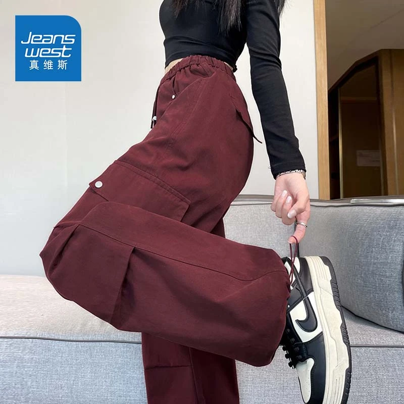 真维斯安可拉红美式工装裤女秋冬2025新款高腰加绒阔腿运动登山裤