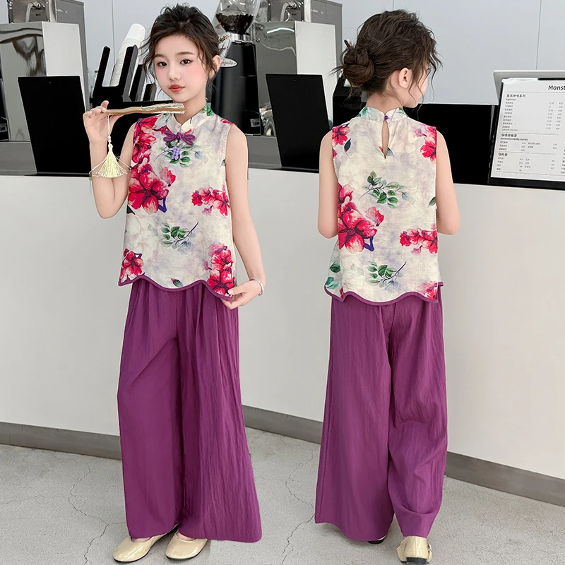 女童夏装2025新款洋气时髦套装新中式国风复古儿童无袖上衣阔腿裤