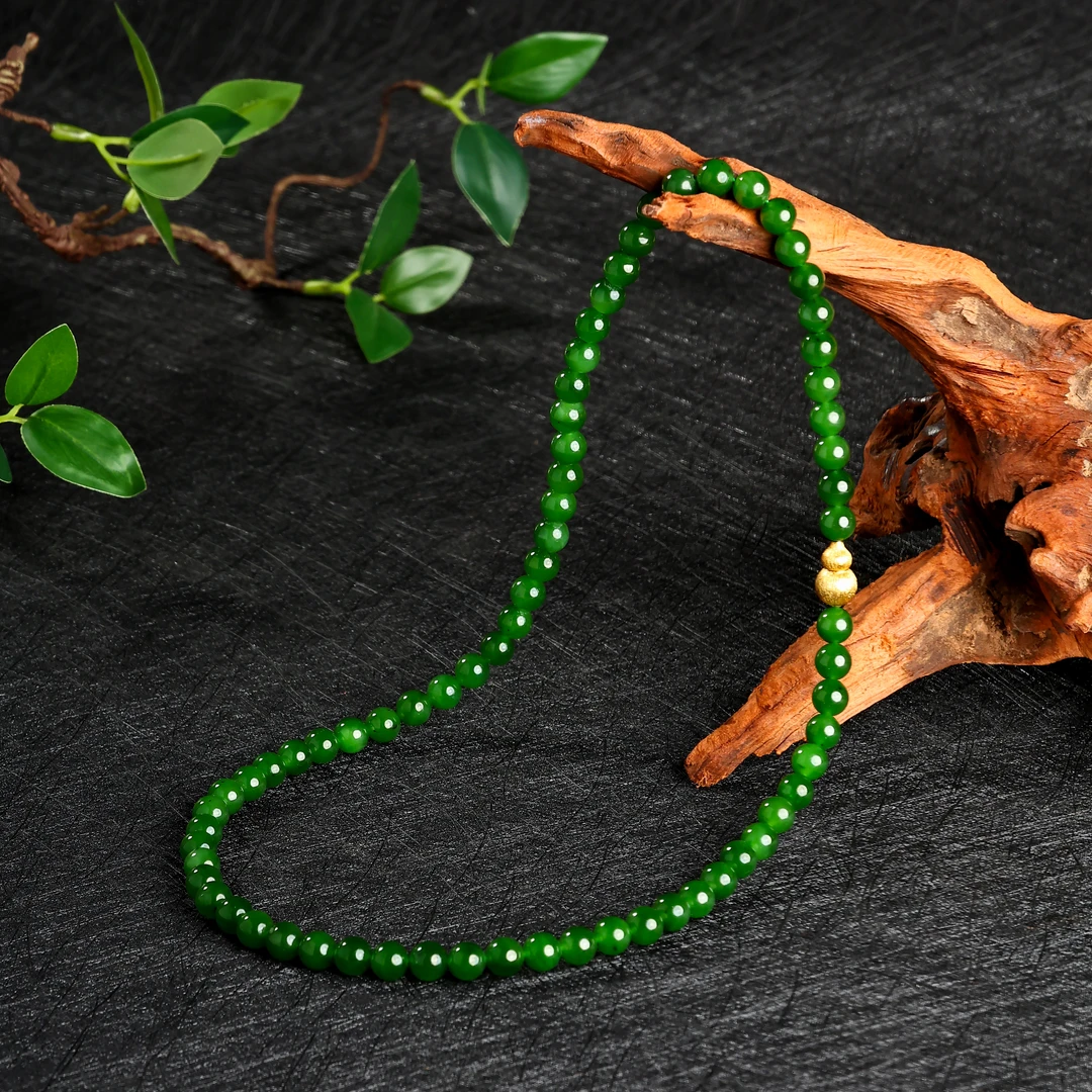 【矿姐珠宝】KJ618和田玉碧玉项链7-8mm圆珠素圈葫芦扣项链