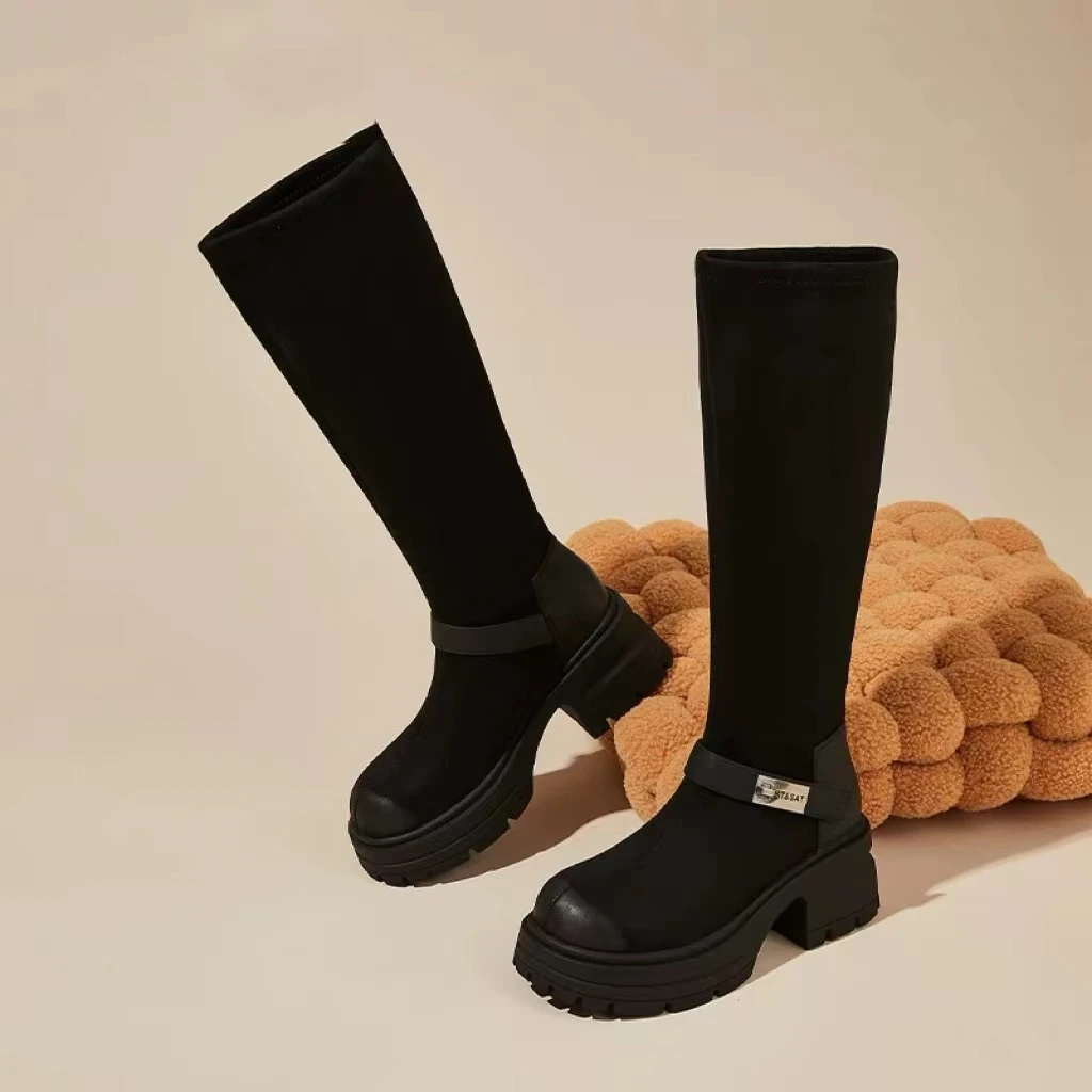 秋冬新款韩版通勤瘦瘦简约厚底裸靴长靴815-7(薄绒)