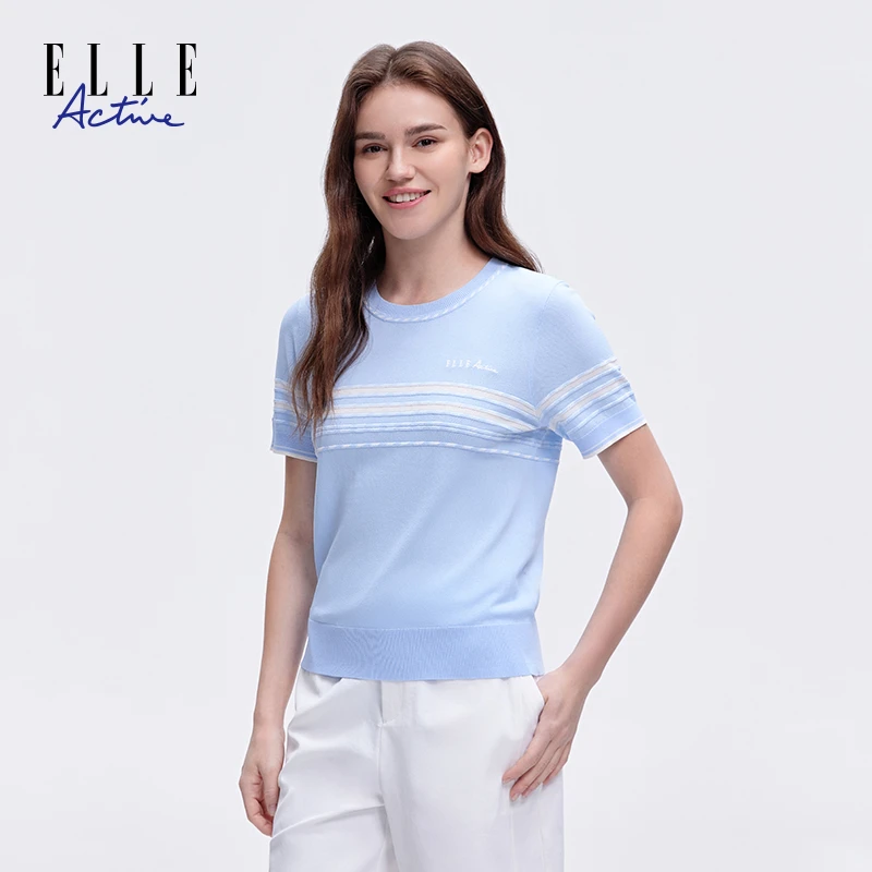 ELLE Active撞色提花针织衫女短袖时尚圆领条纹上衣夏季休闲女装
