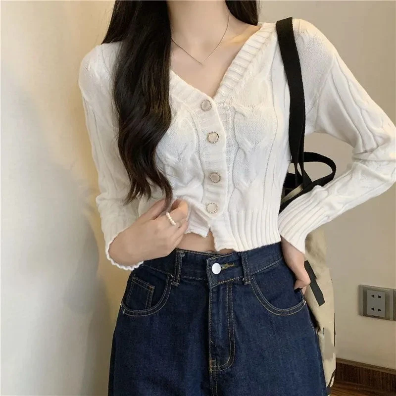 韩版小个子V领长袖麻花毛衣女2025新款季开衫修身显瘦短款上衣