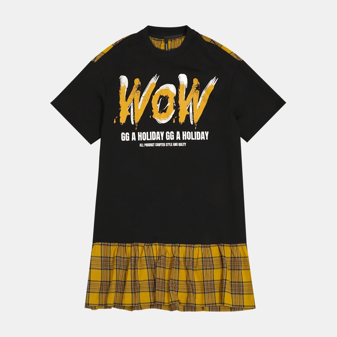 GGAHOLIDAY夏季复古宽松休闲美式格子拼接撞色短袖连衣裙-152578
