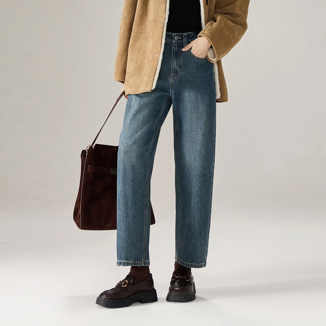 索菲丝尔2025冬季新百搭宽松显瘦加绒保暖纯棉哈伦牛仔裤女542580