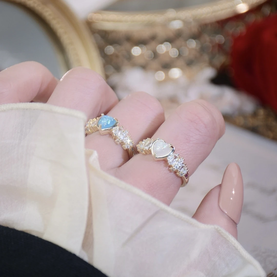 合金合成锆石戒指 蓝色爱心海洋公主设计感法式轻奢开口戒女B14