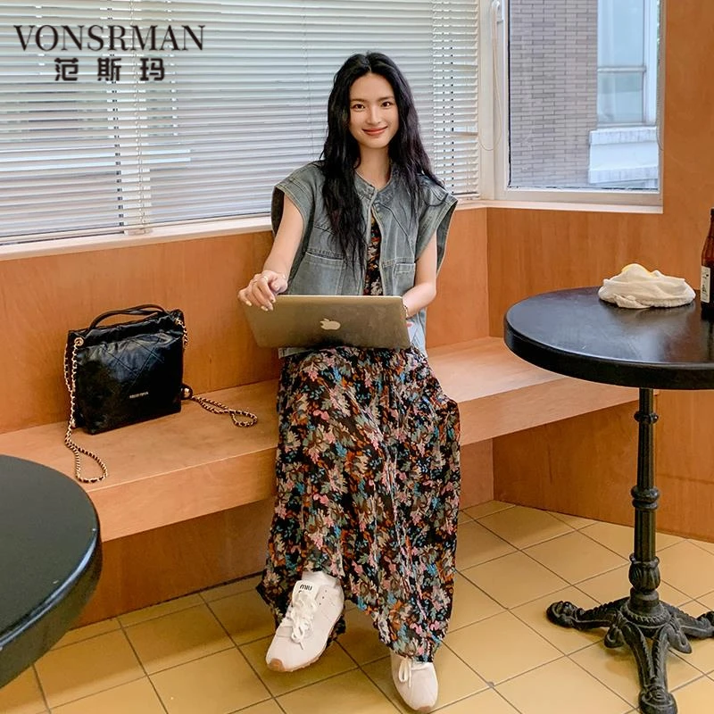 甜酷风牛仔马甲碎花吊带连衣裙套装女2025夏季新款韩系时尚套装潮
