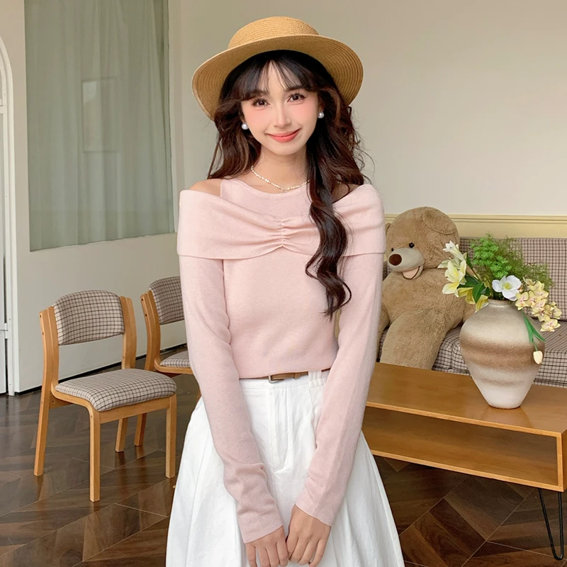 慕兔法式高级感假两件设计感长袖针织衫女2025春季新款露肩上衣