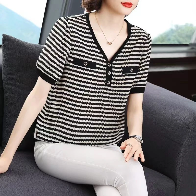 【夏季新款】薄款条纹短袖T恤女2025爆款上衣小衫BS3444 衣长60