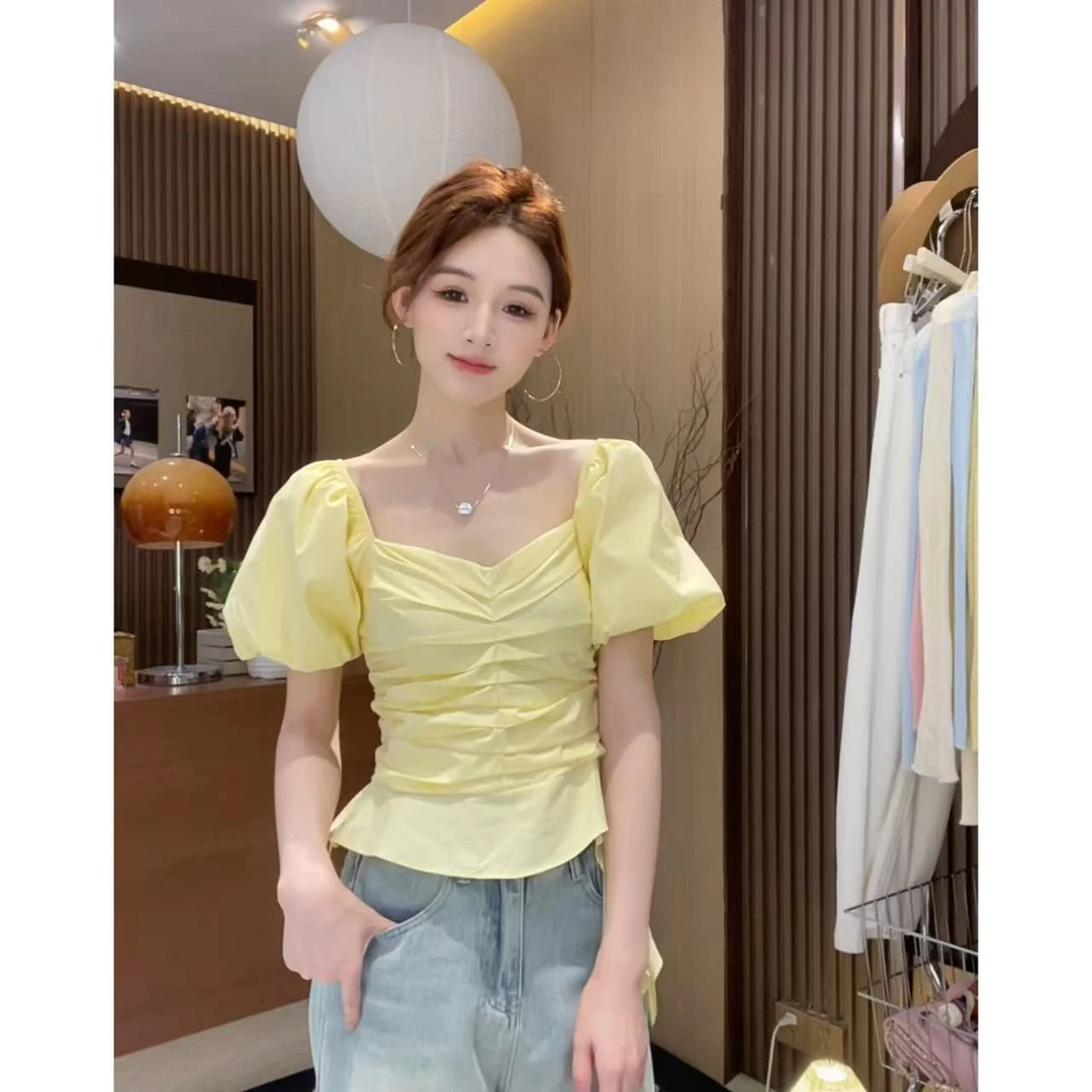 夏季新款韩版甜美气质修身显瘦泡泡袖不规则衬衣方领上衣