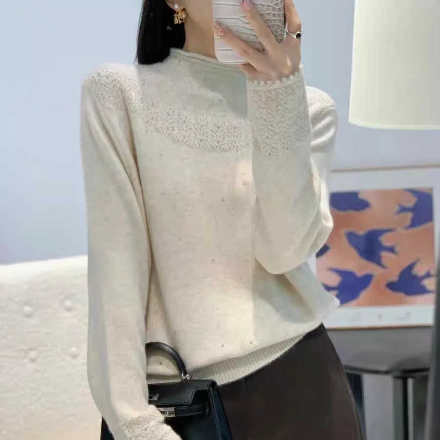 新款秋冬雅致钩花打底针织衫女半高领烫钻加厚毛衣