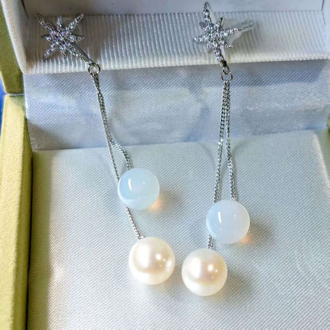 淡水珍珠六芒星耳钉 8-9mm 银925