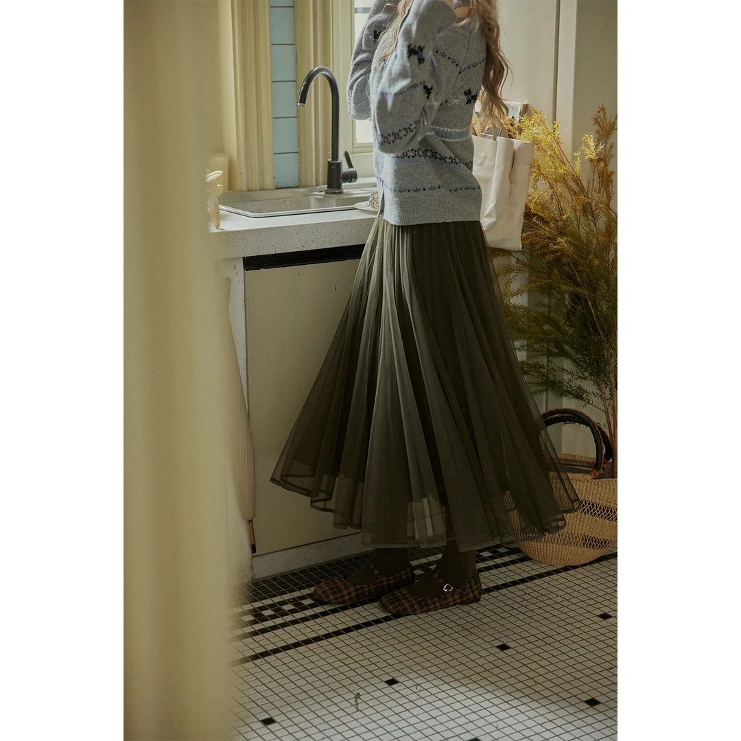 cpaia茜派雅 "雾沙绿"加绒里布 飘逸大裙摆网纱半身裙【无运费险】