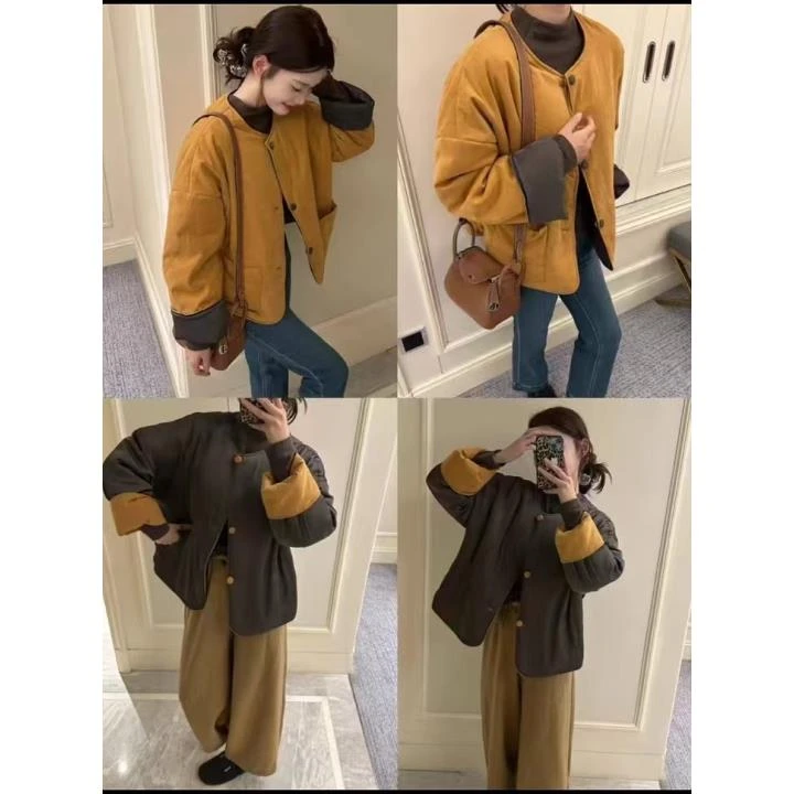 【粉丝福利】高级感撞色加棉外套女冬2024新款韩系宽松时尚棉服女