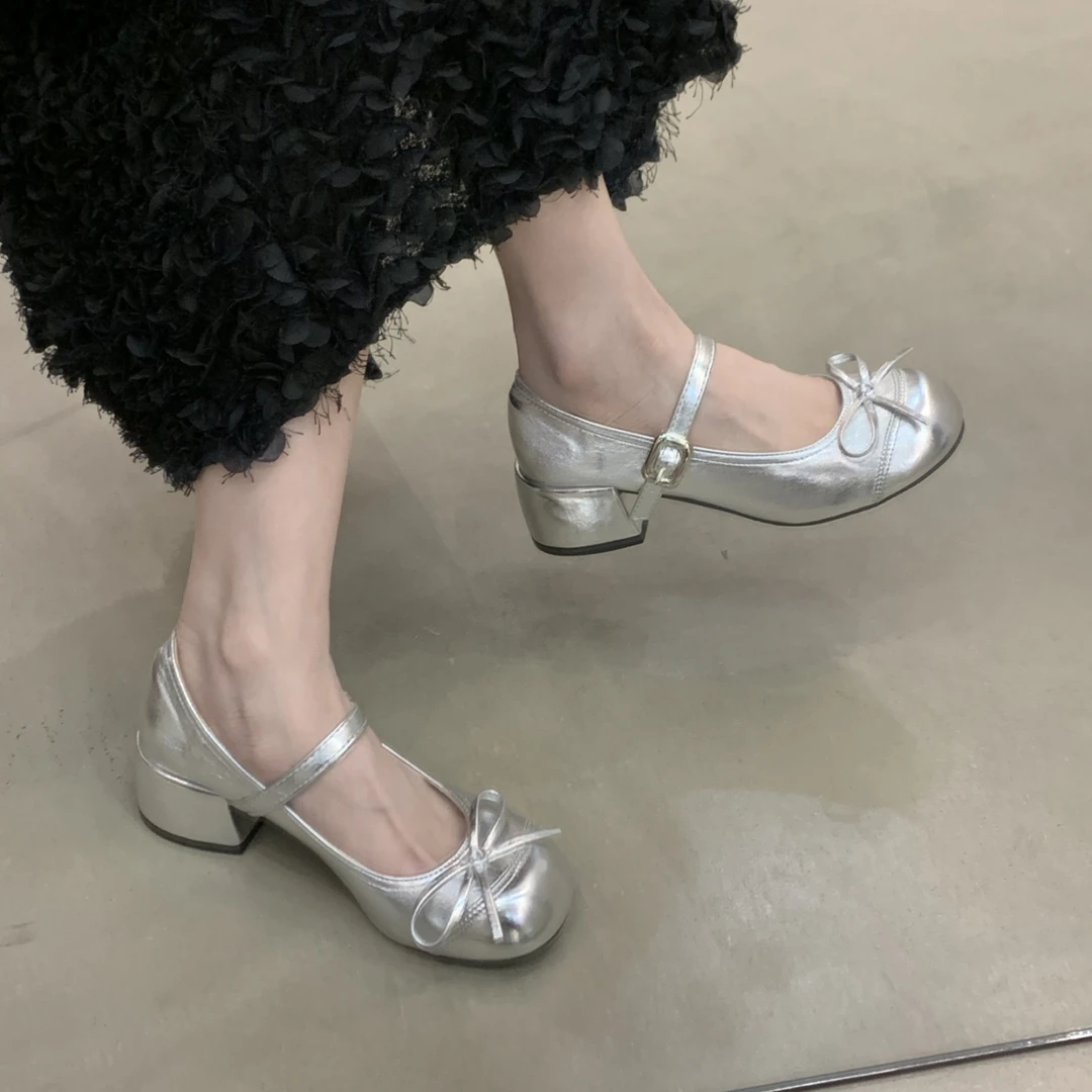 OJRZ时尚粗跟蝴蝶结银色增高单鞋女2025新款法式复古玛丽珍高跟鞋