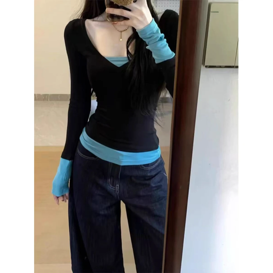 【柔柔】2025春季新款女装 美式辣妹假两件长袖T恤女修身撞色拼接