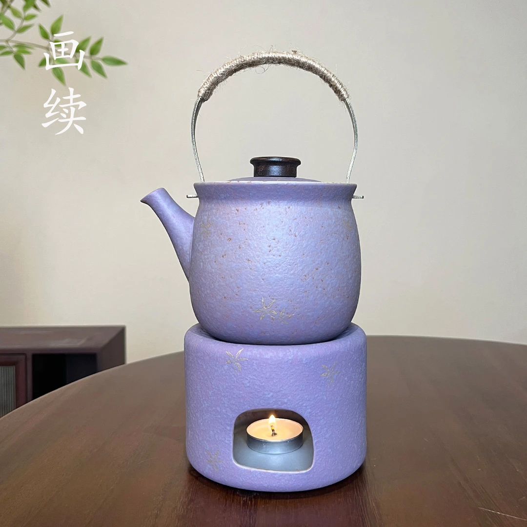 画续紫韵金花提梁壶温茶炉家用茶器套装复古风炉蜡烛加热陶瓷中式