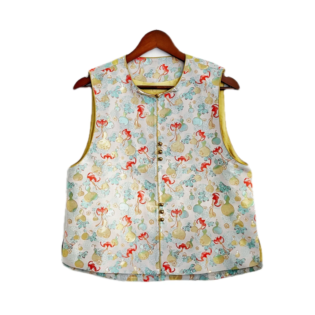 【秋月葫芦】陆美英宋锦织金马甲圆领时尚对襟独特中式风复古马夹