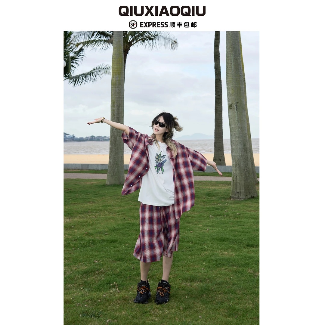 【Qiuxiaoqiu】AC红蓝格纹撞色翻领夏季宽松休闲短裤衬衫套装男女