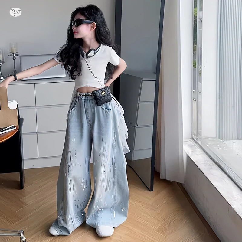 女童蕾拼接V领短袖套装2025夏季新款韩版T恤阔腿裤两件套中大童潮