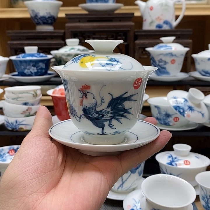 手绘公鸡160盖碗高温瓷釉下彩微瑕福利款