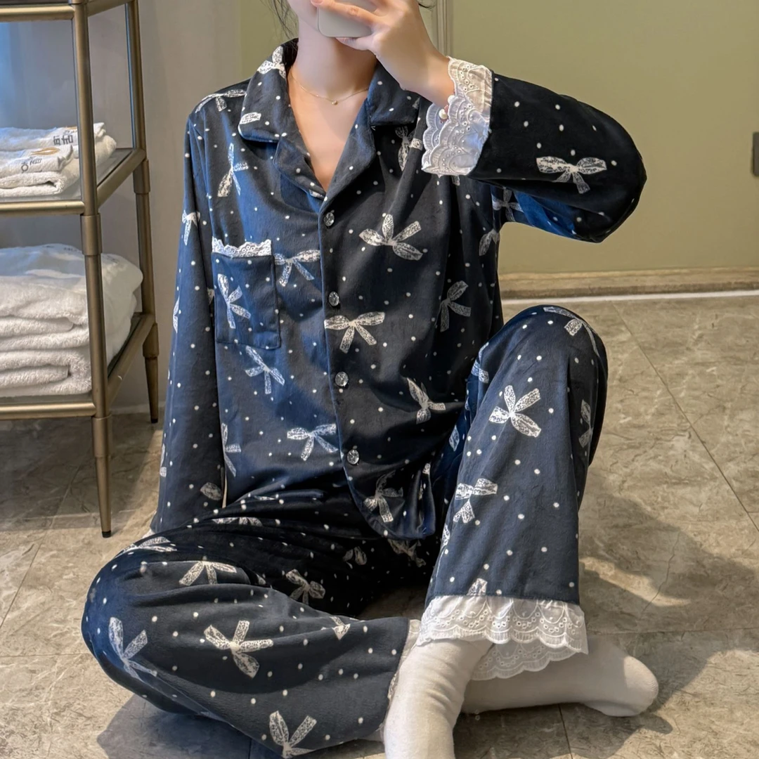 蕾丝花边新款睡衣秋冬季两件套装可爱甜美蝴蝶结印花睡衣女