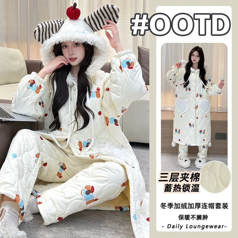 三层夹棉2025年冬季腊肠狗睡袍加绒加厚款卡通可爱连帽女士家居服