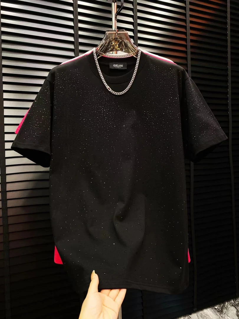 （LL）秋冬新款轻奢纯潮百搭时尚休闲流棉加厚烫钻圆领短袖T恤...