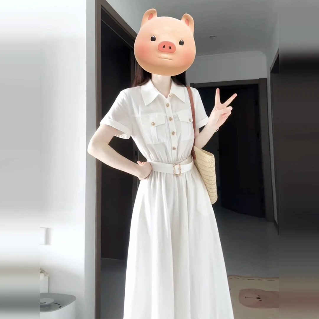 法式白色衬衫连衣裙字女夏季2025新款巨好看大方得体绝美掐腰长裙