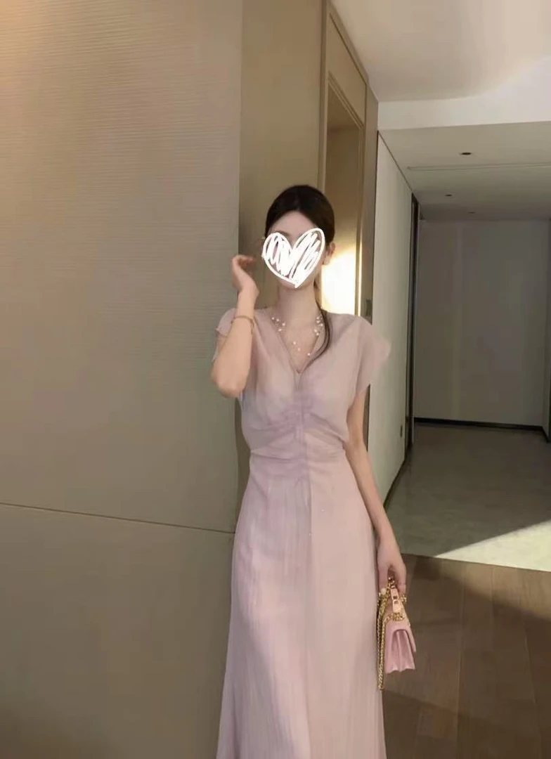 夏季法式浪漫温柔扎染V领度假风褶皱收腰短袖长款连衣裙836