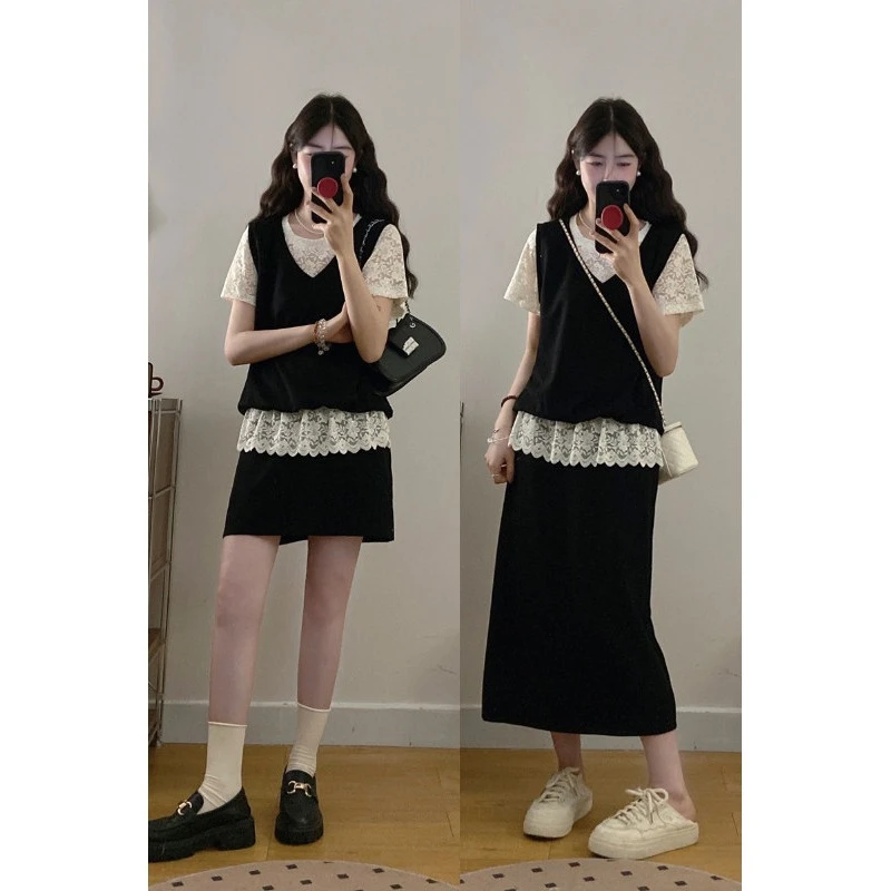 蕾丝拼接假两件上衣半身裙两件套女夏季大码胖mm时尚气质显瘦套装
