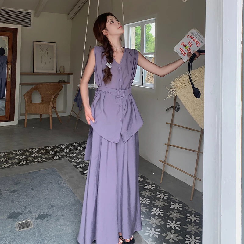法式轻熟风小众不撞款无袖紫色上衣套装裙女夏松弛感半身裙两件套