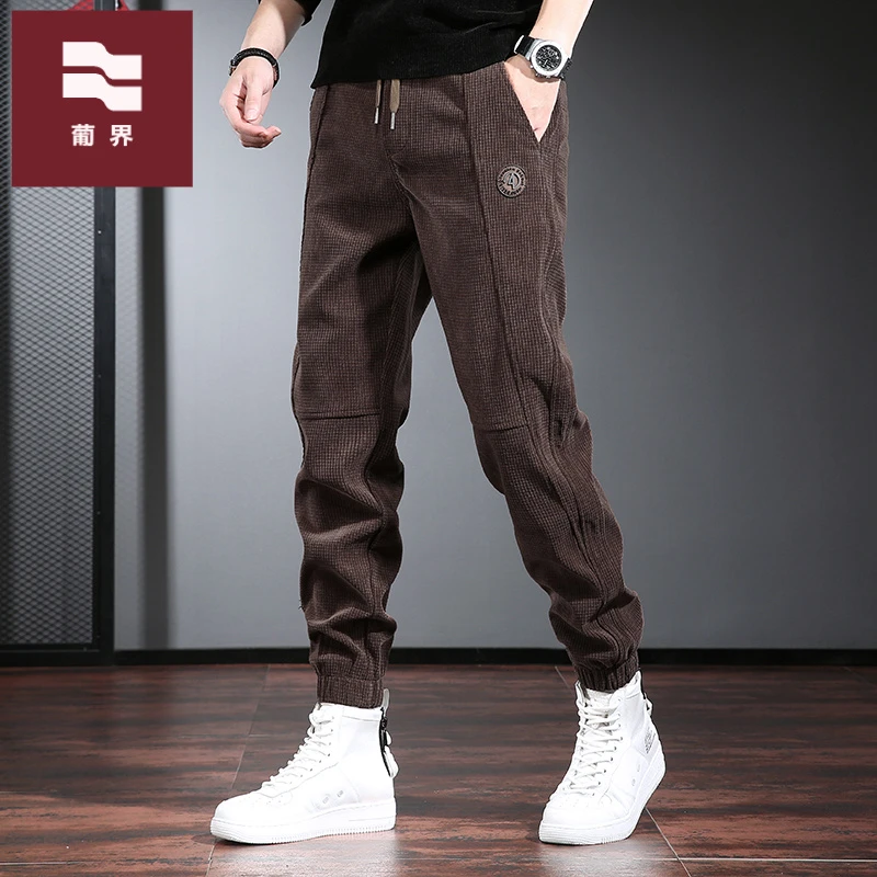 棕色休闲裤男潮牌宽松束脚裤冬季加绒加厚青年格子裤子男百搭长裤