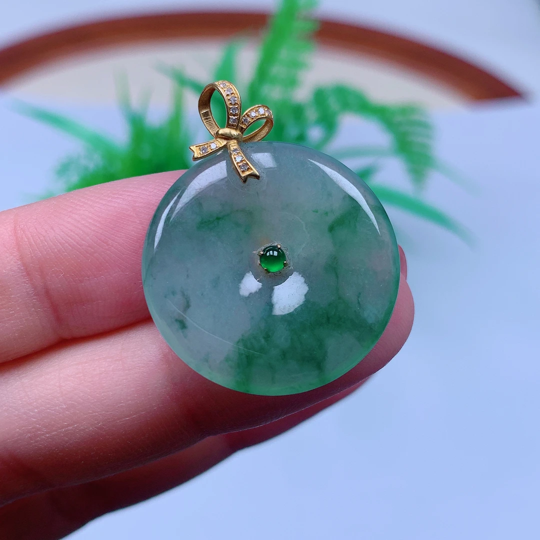 缅甸天然A货翡翠，冰飘花平安扣 编号338/117尺寸 25.6-3.6