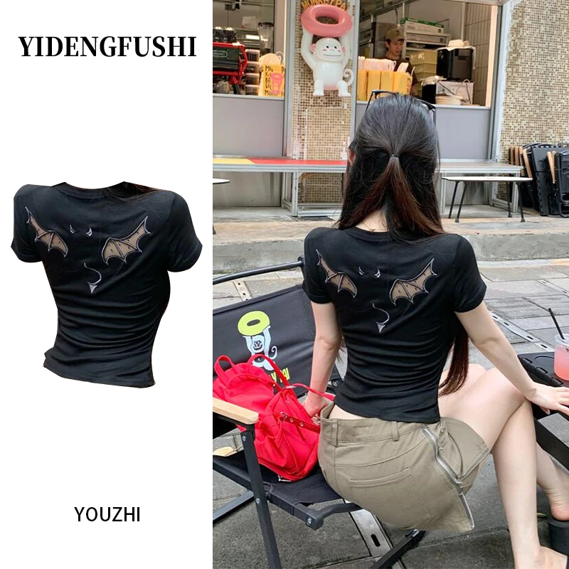 【现货！！！】黑色小恶魔短袖T恤女夏季新款灰色天使修身显瘦网纱上衣