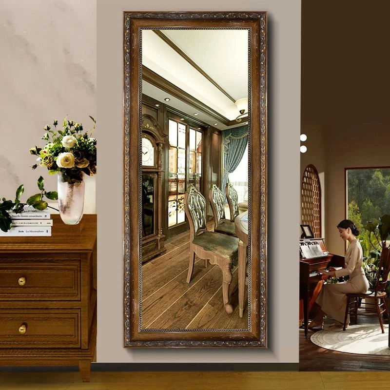 美式穿衣镜壁挂镜子复古实木雕花全身镜挂墙试衣镜家用玄关落地镜