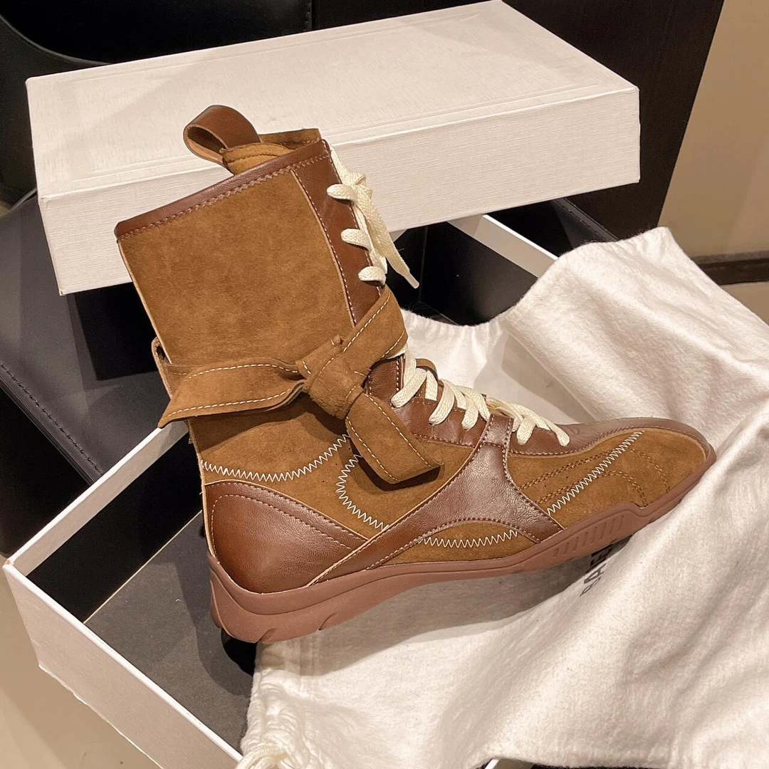 香港正品复古真皮拳击靴女2025新款内增高系带短靴子工装靴西部靴