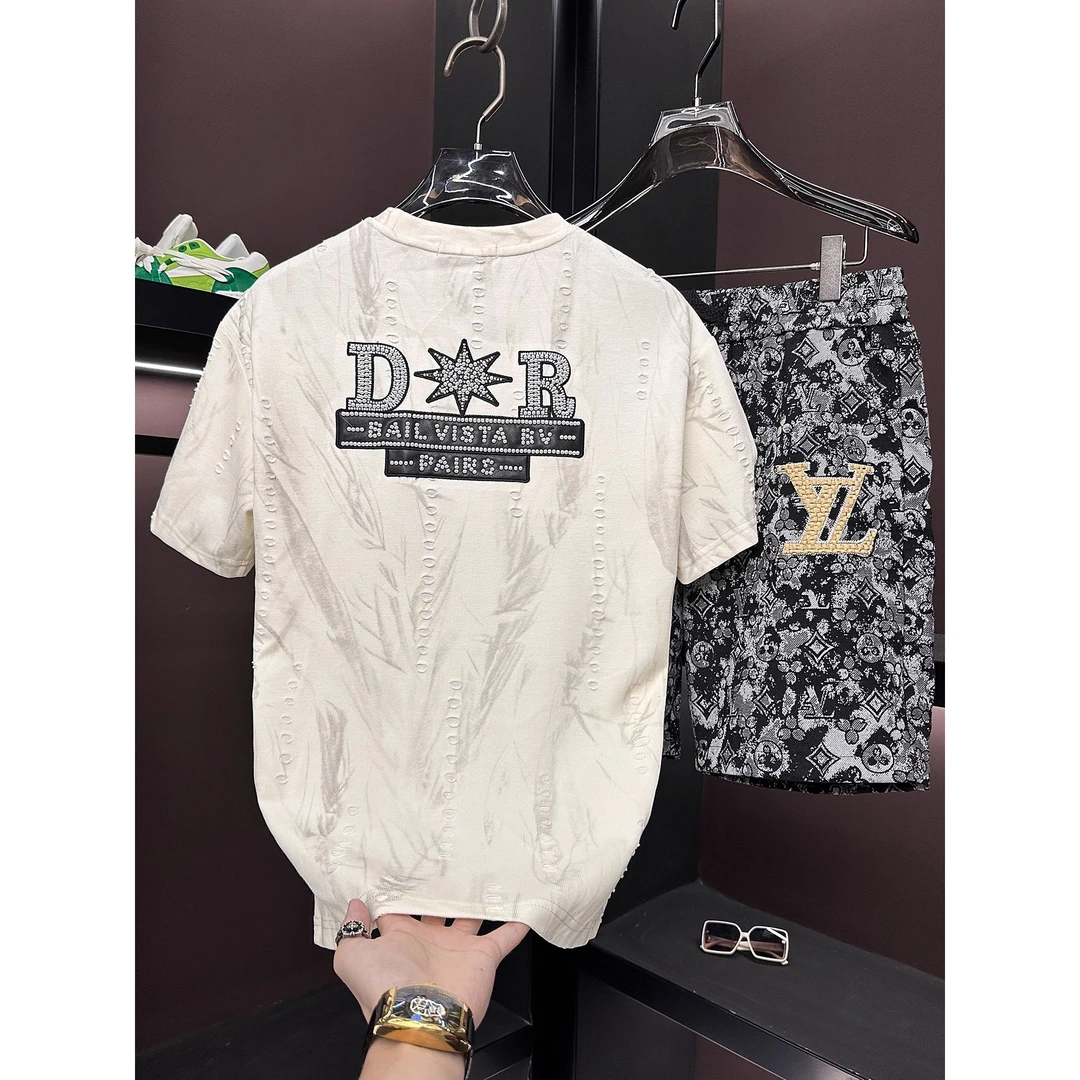 欧洲站高端男士休闲套装夏季新款潮牌宽松短袖短裤男装两件套帅气