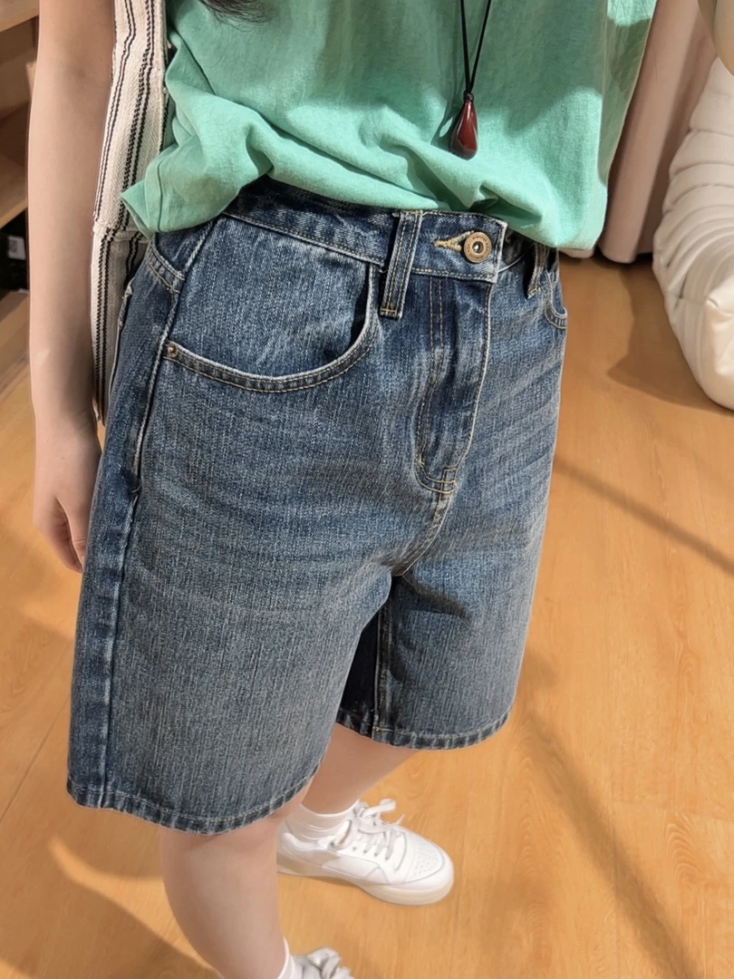 84201余小鱼【时髦精】复古蓝百搭休闲夏季高腰阔腿牛仔短裤女装