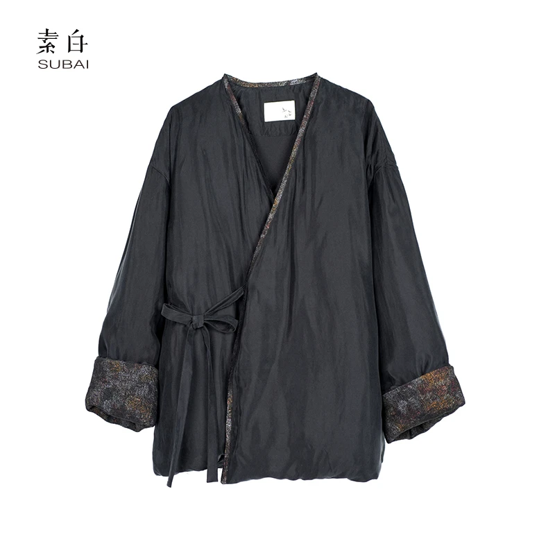 素白【墨语】黑色国风简约黑色绑带保暖鹅绒羽绒服SB2410YR00592