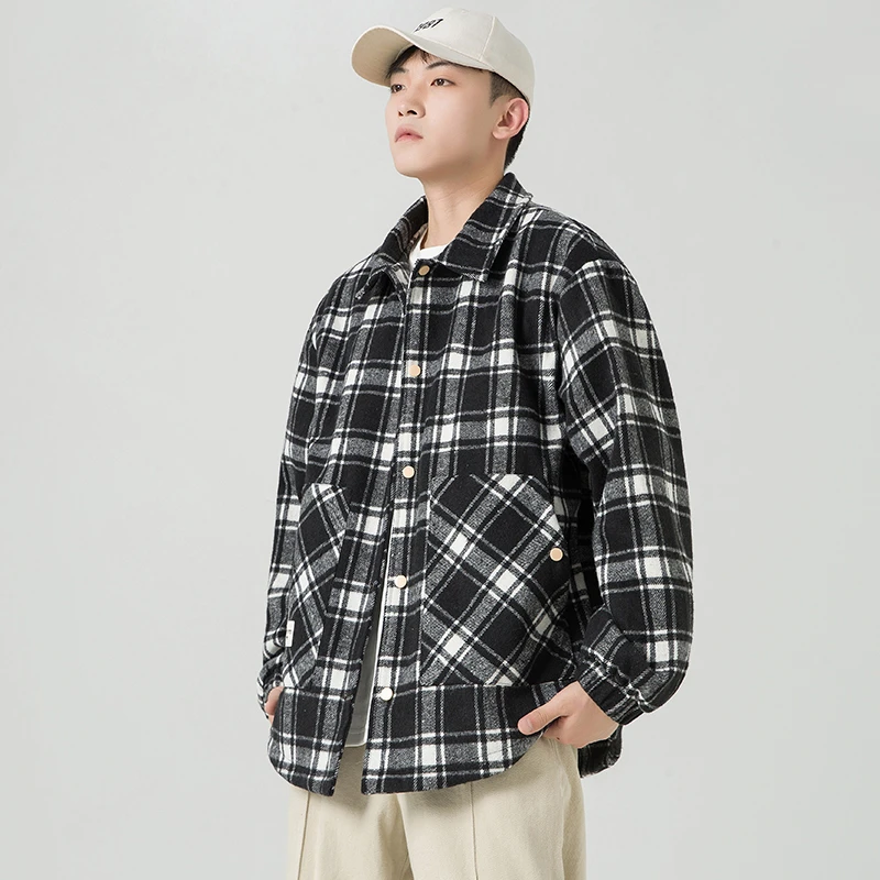 U11studios大码男装复古格子衬衫春秋季新款胖子休闲青年衬衣外套