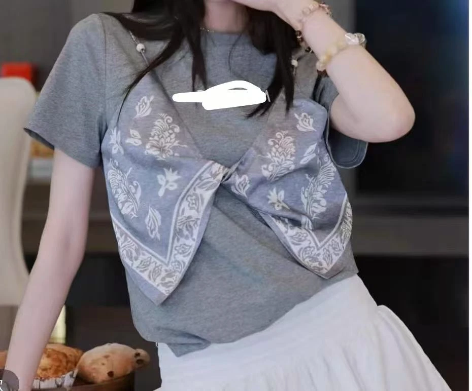 2025夏新款韩系蝴蝶结扭结圆领假两件上衣1174